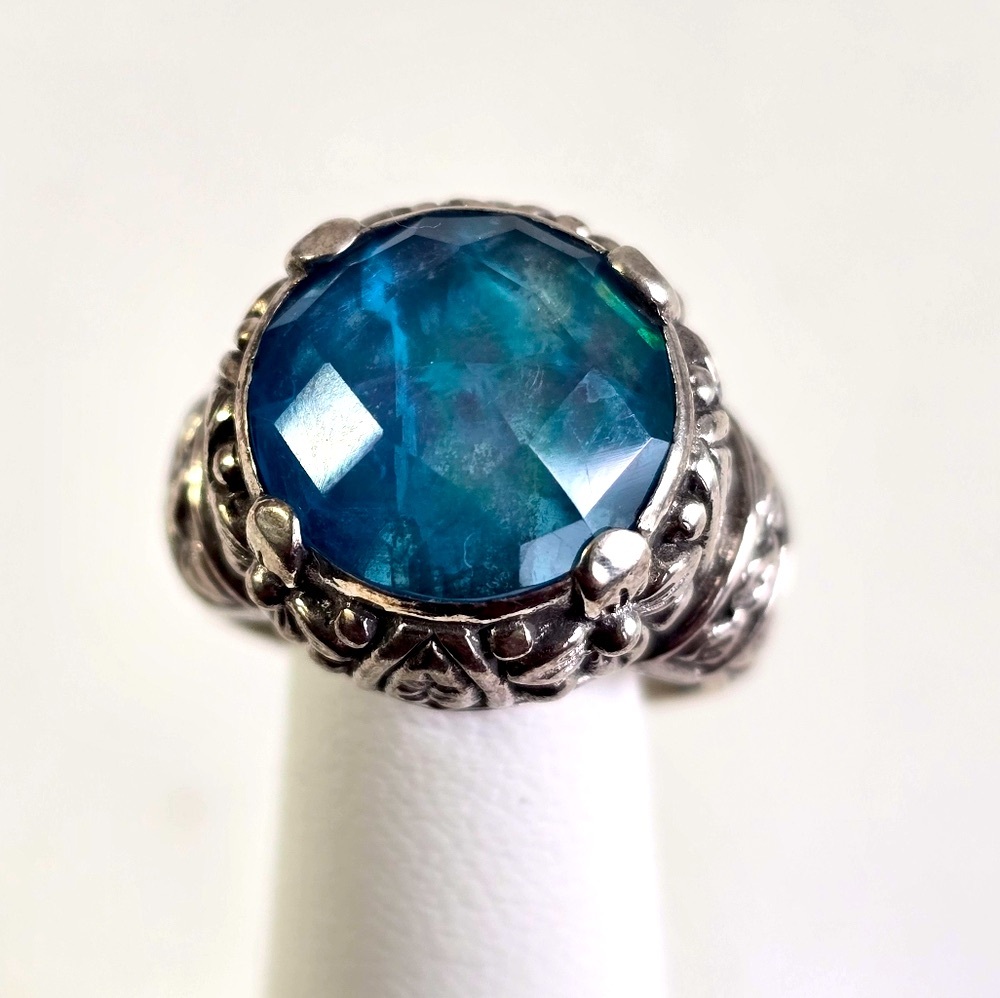 Rare SARDA Sterling Silver 925 Intricate Silver Ring with Blue Apatite